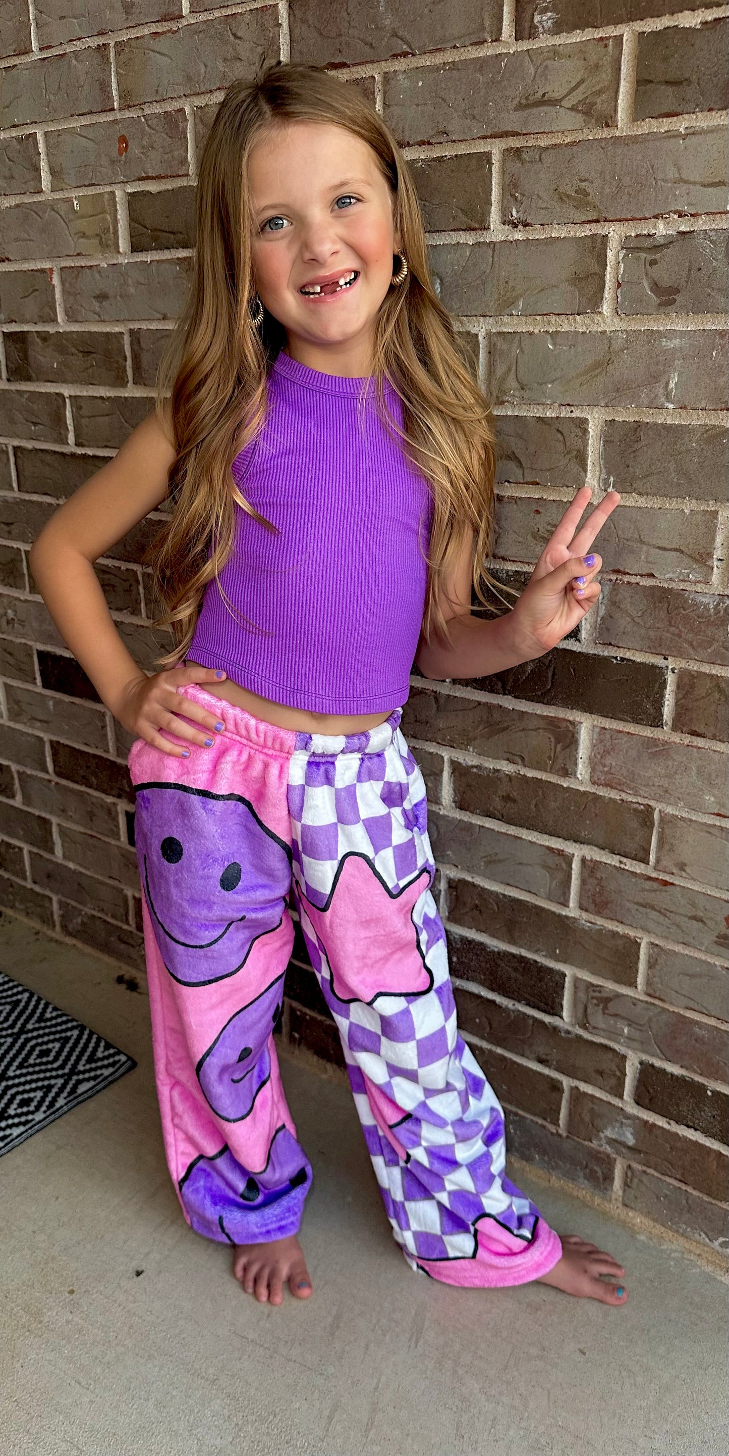 Smiley/Checkered Color Block Plush pants